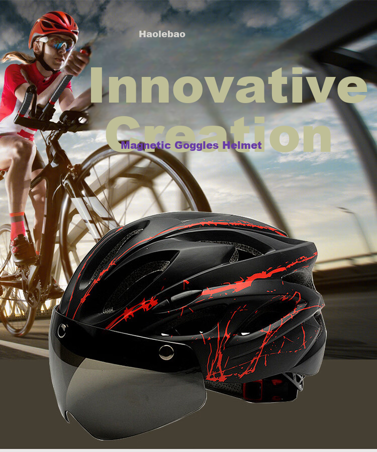 Haolebao Magnetic Visor Cycling Helmet Unisex Mountain Road Bike Helmet Integrated Mold Black Blue 1