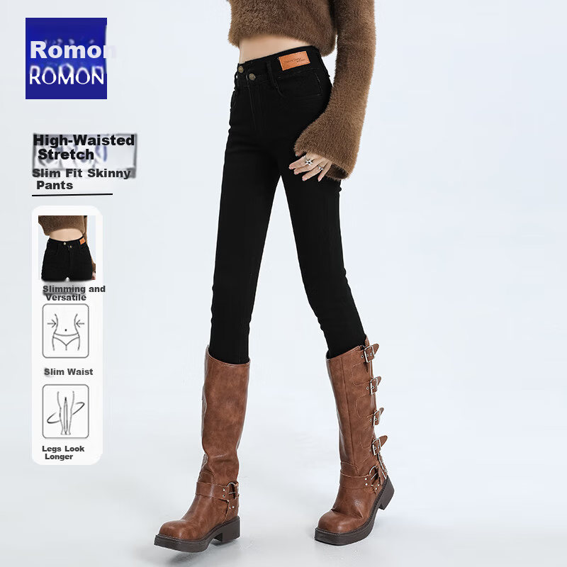 Romon High Waist Slim Fit Women's Summer Skinny Stretch Black Denim Pencil Pants Size 31
