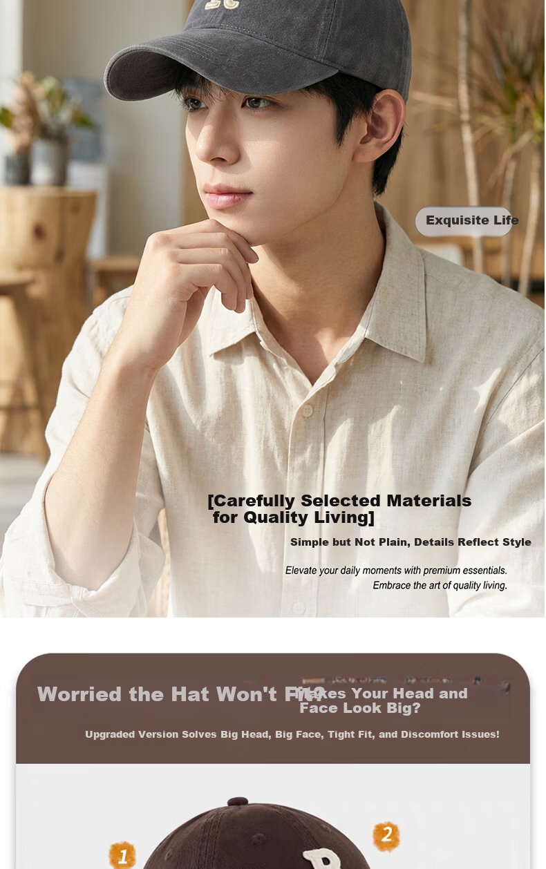 Ning'an R Logo Large Head Circumference Baseball Cap for Men and Women, Wide Brim, Enlarged and Deepened, Face Slimming 2