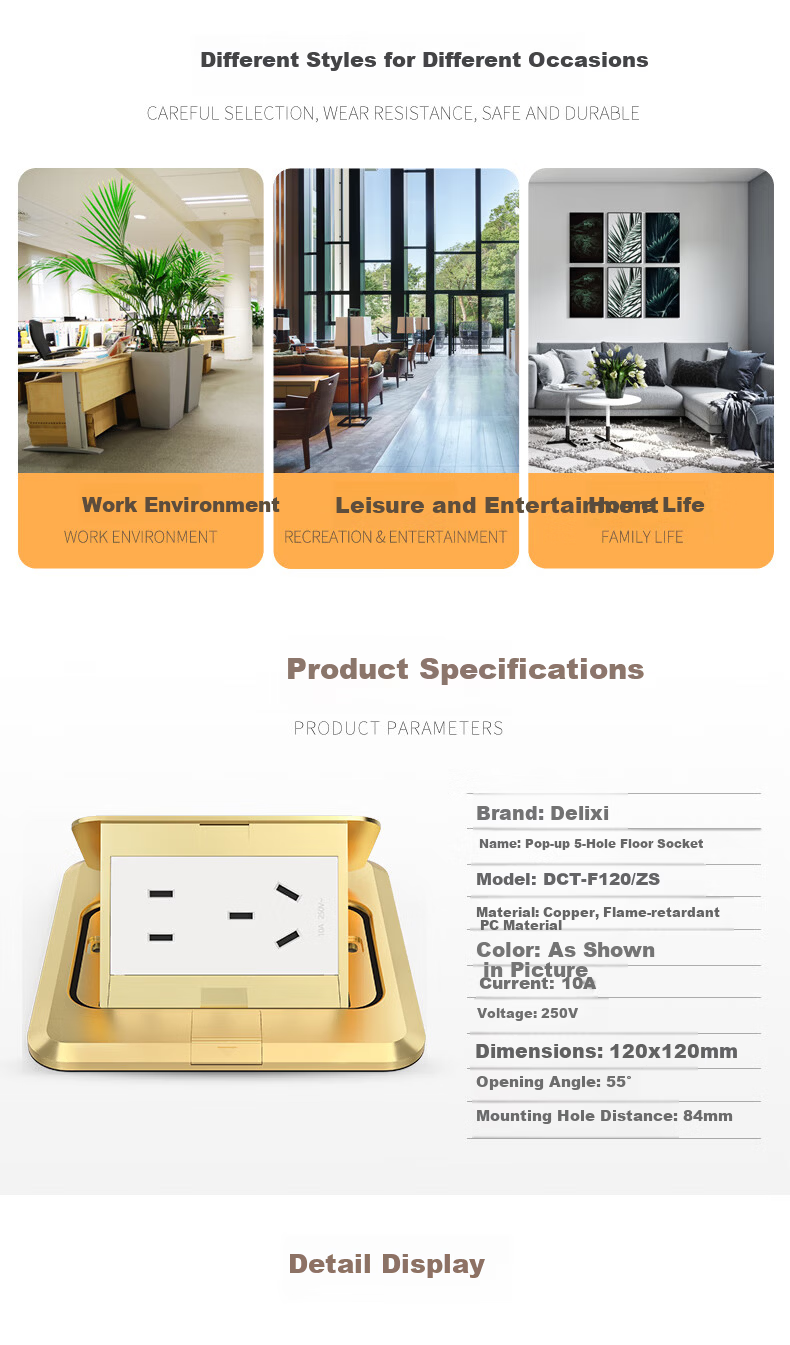 DELIXI Silver Five-Hole Copper Ground Floor Socket with Flip Waterproof Cover and Concealed Box DCT-F120/FYZS 11