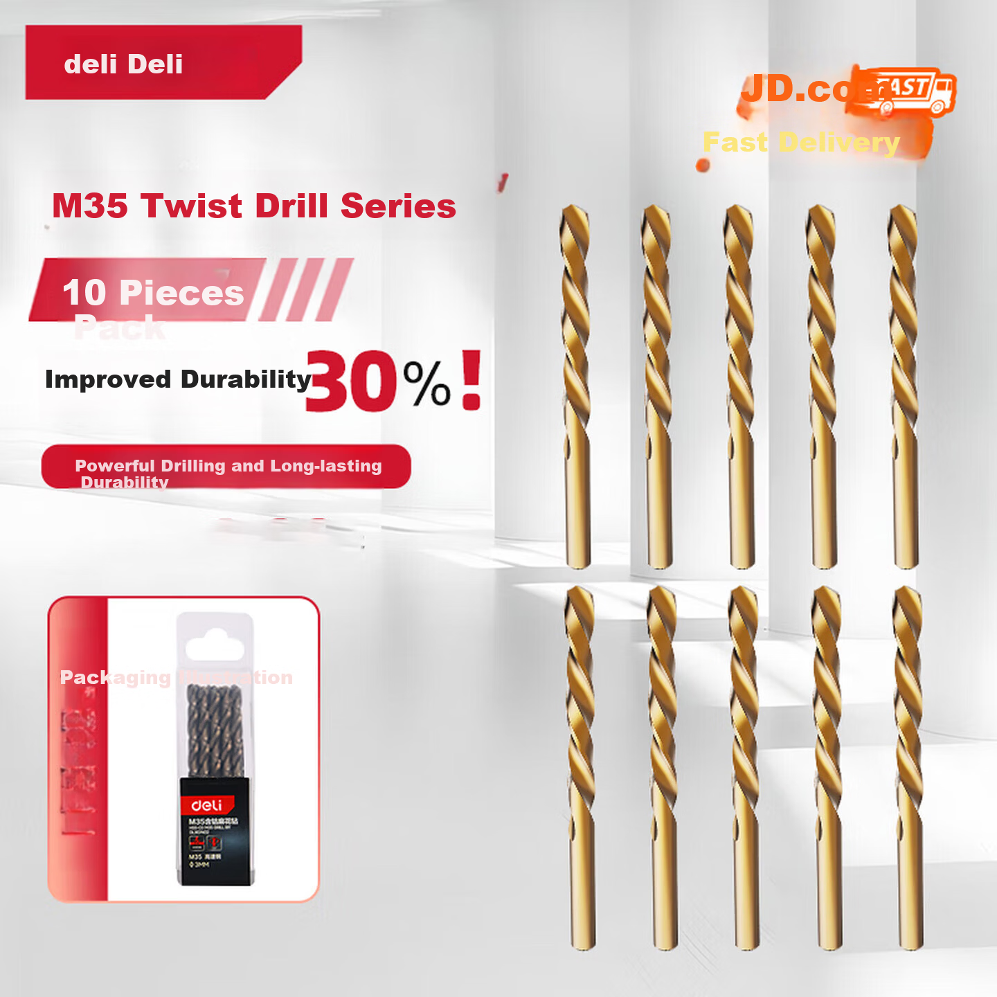 Deli M35 High Cobalt Industrial Grade 3.2mm Twist Drill Bits for Concrete Metal Stainless Steel, 10 Pieces Box