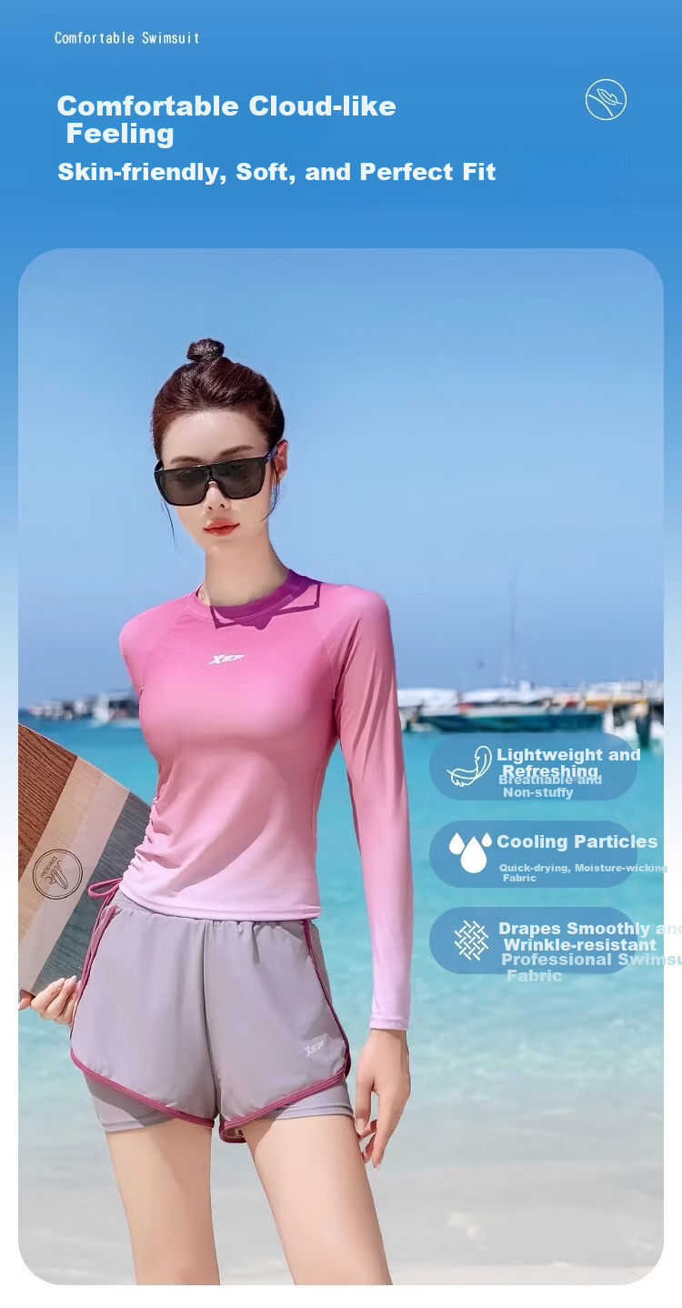 Xtep Women's Two-Piece Gradient Long Sleeve Conservative Student Swimsuit Slimming Vacation Beachwear 3