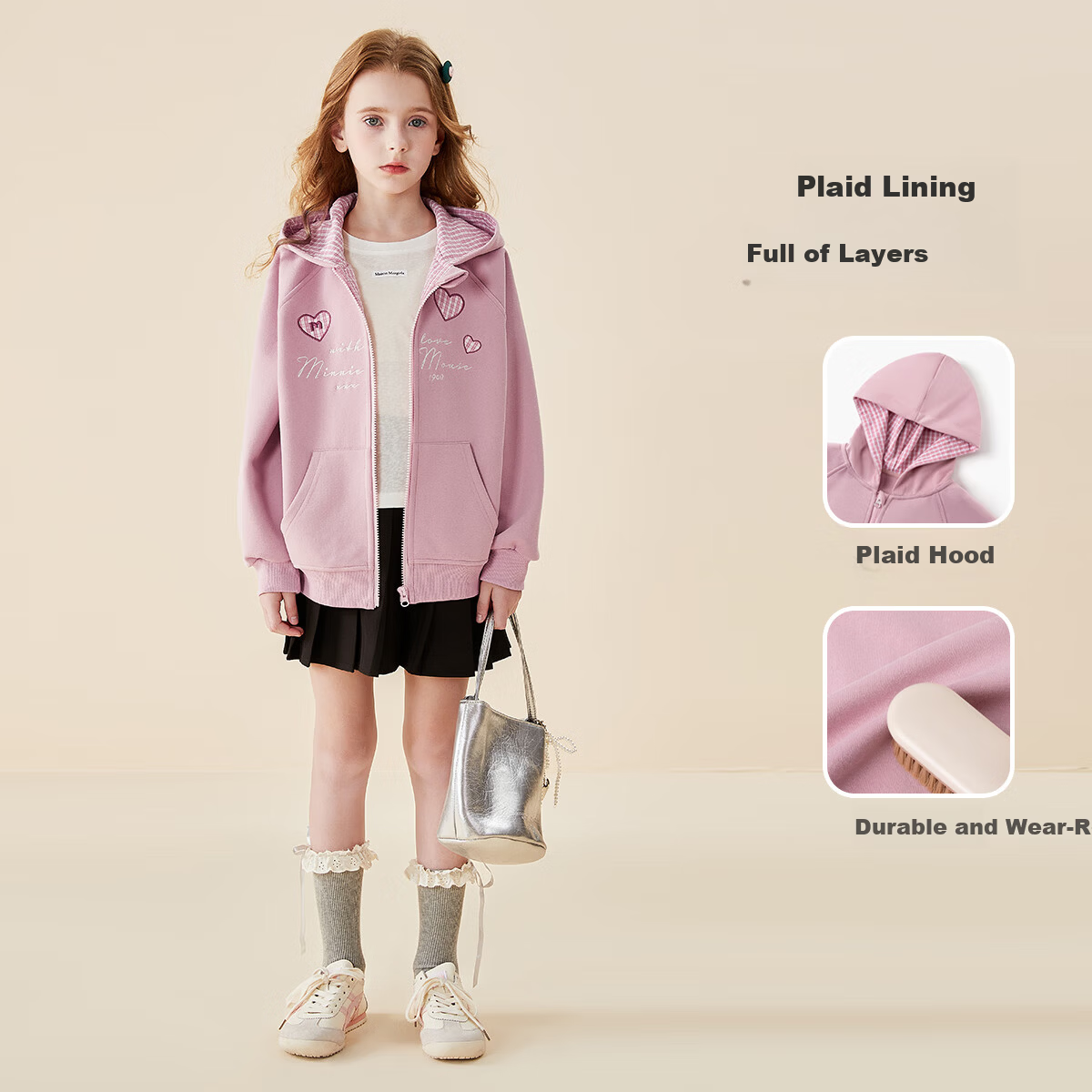 Disney Kids Jacket 2026 New Spring Girls Plaid Hooded Casual Sweatshirt TD3ES031 Pink 140