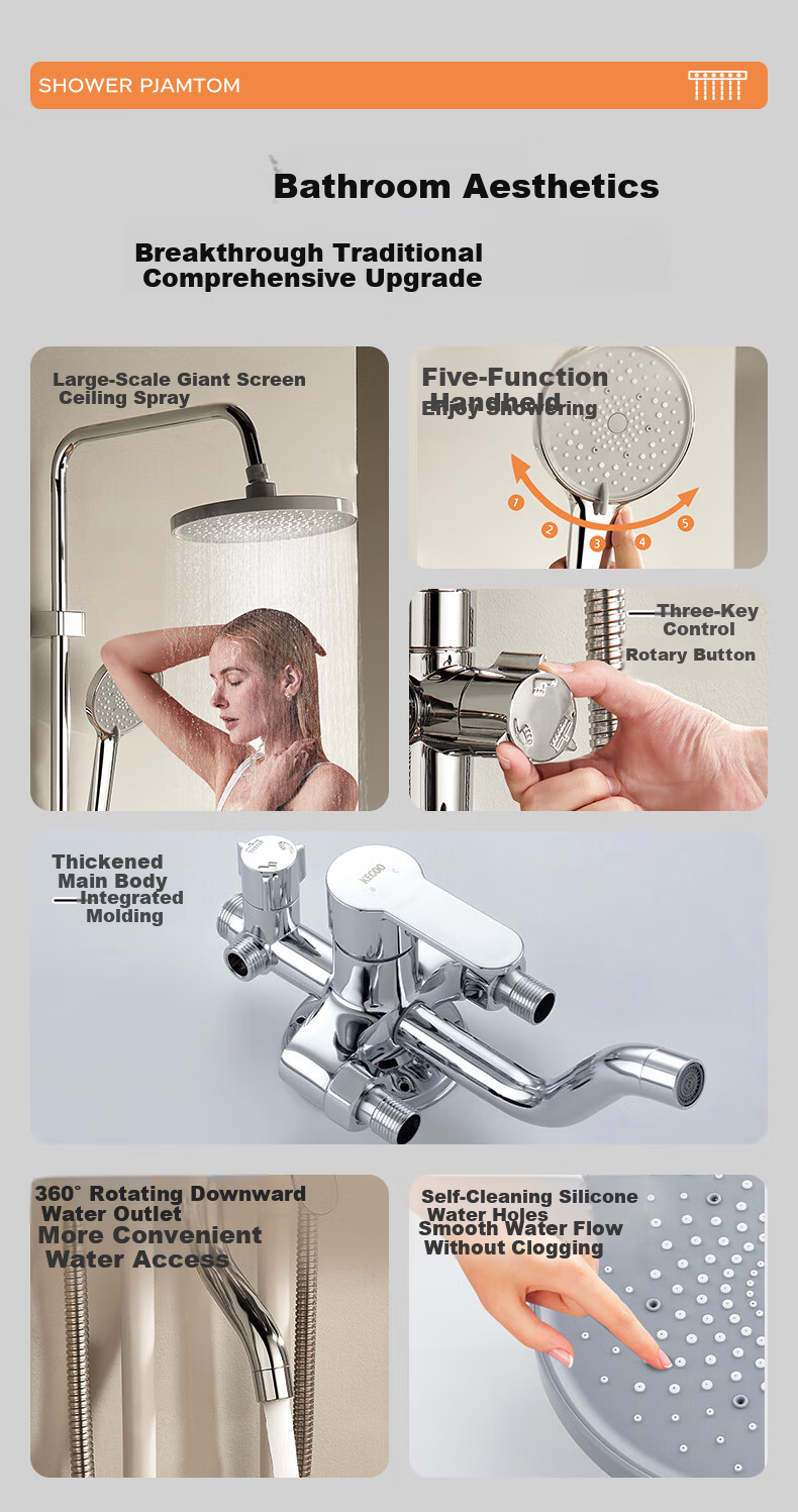 KEGOO Shower Set Complete Exposed Mixer Integrated Shower Booster Head Full Set Bright Silver K4071 4