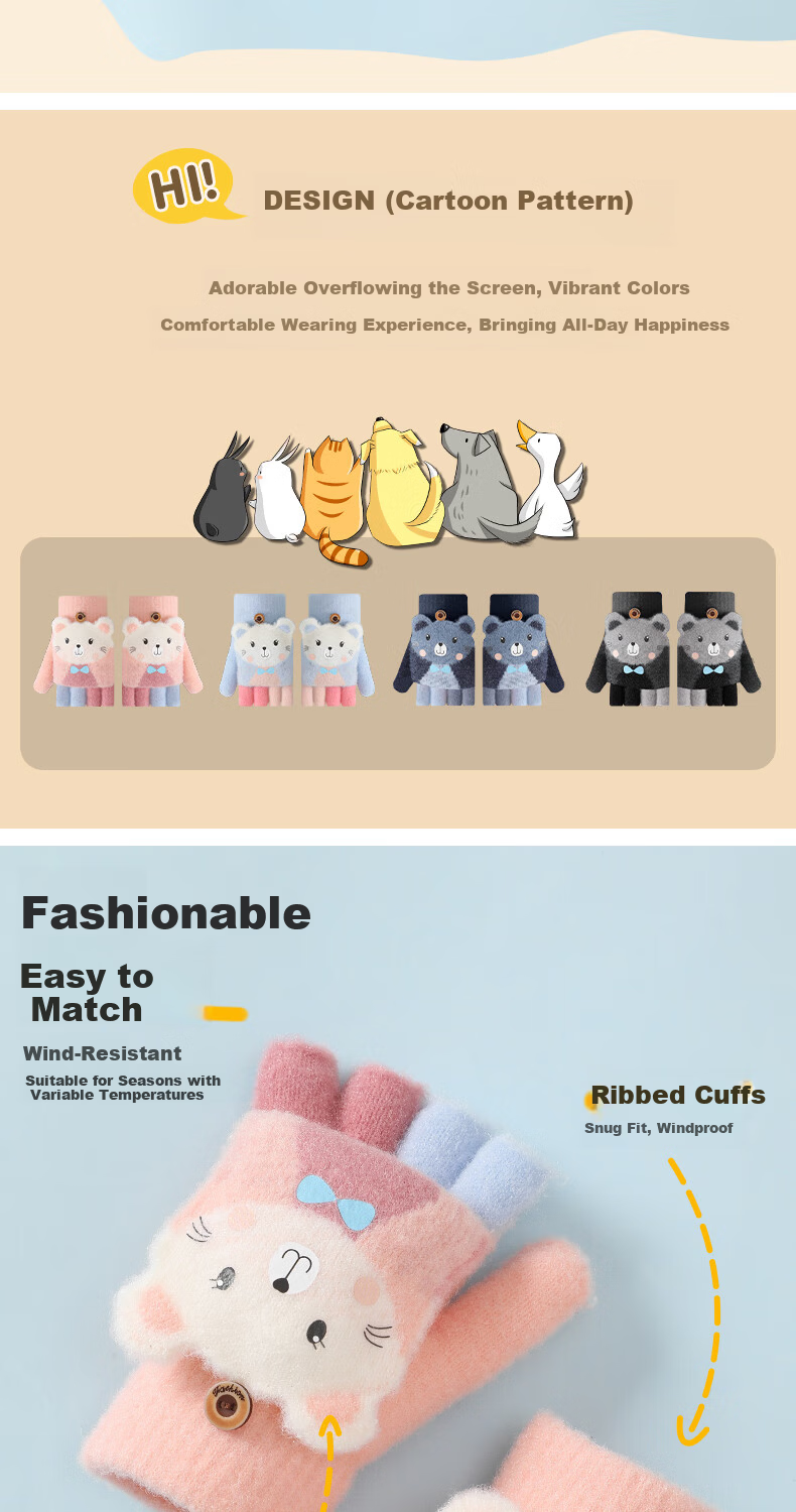 Langsha Children's Warm Gloves Cute Flower Cat Autumn Winter Baby Five-Finger Detachable Full Finger Gloves for Boys and Girls Elementary Students 2