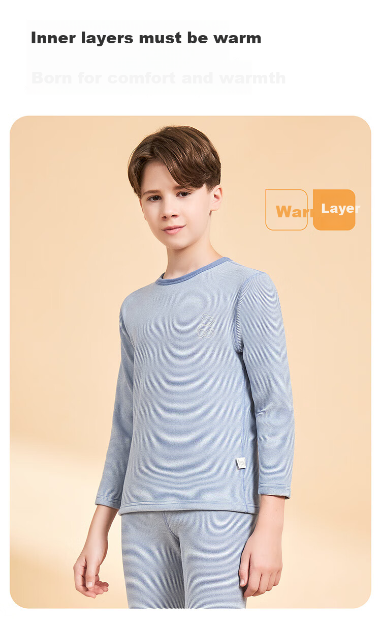 Hodo Kids Boys Thermal Underwear Set Fleece Lined Thickened Cationic Winter Heat Retaining Autumn Shirt and Pants Gray Thin Stripes 7