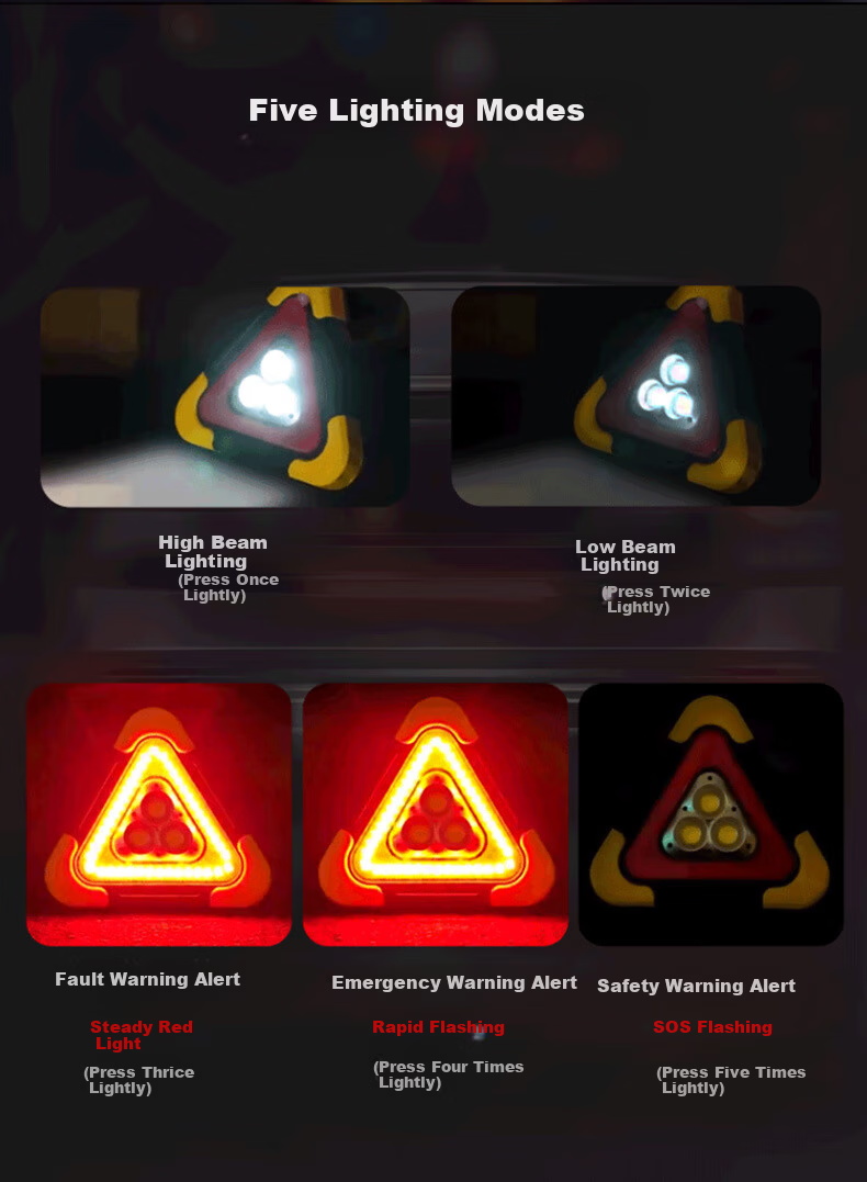 40,000km LED Triangular Warning Light Multifunctional Car Parking Emergency Tripod Safety Warning Sign Solar Charging 5