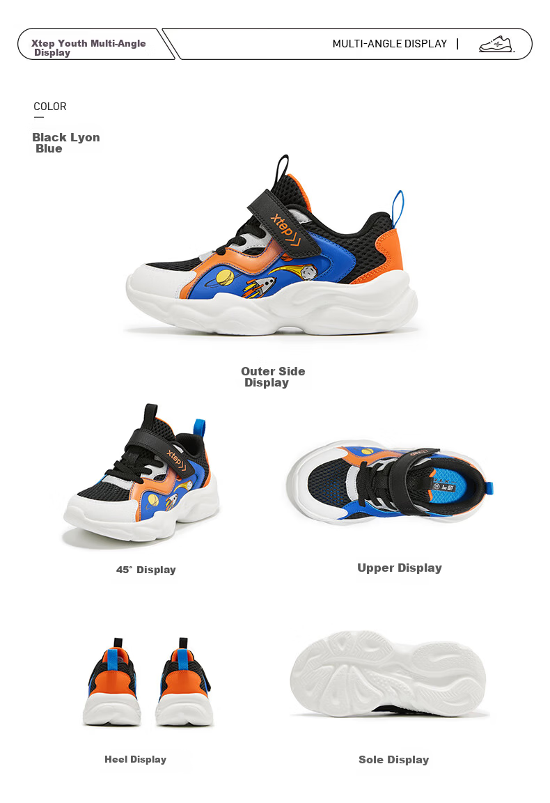 XTEP Kids Mesh Cartoon Element Sports Shoes Non-Slip Sole Boys Casual Shoes Deep Blue/Classic White Size 28 16