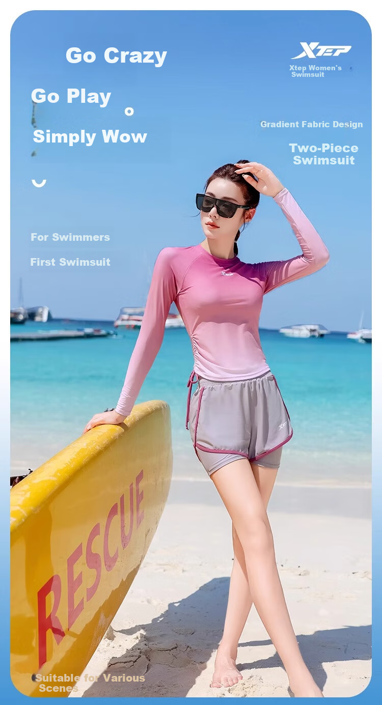 Xtep Women's Two-Piece Gradient Long Sleeve Conservative Student Swimsuit Slimming Vacation Beachwear 1