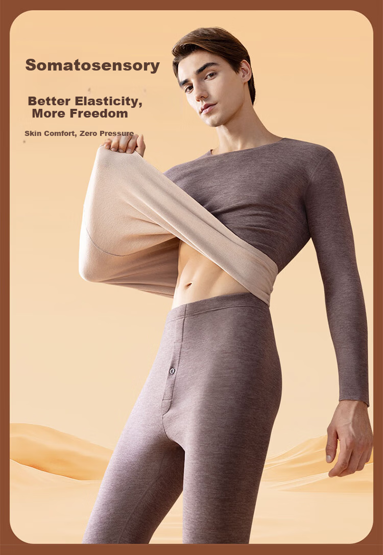 Langsha Men's Thermal Underwear, Antibacterial And Anti-Mite, Goose down Seamless, Heat-Generating, Thin-Fit Autumn Top And Bottom Set 24
