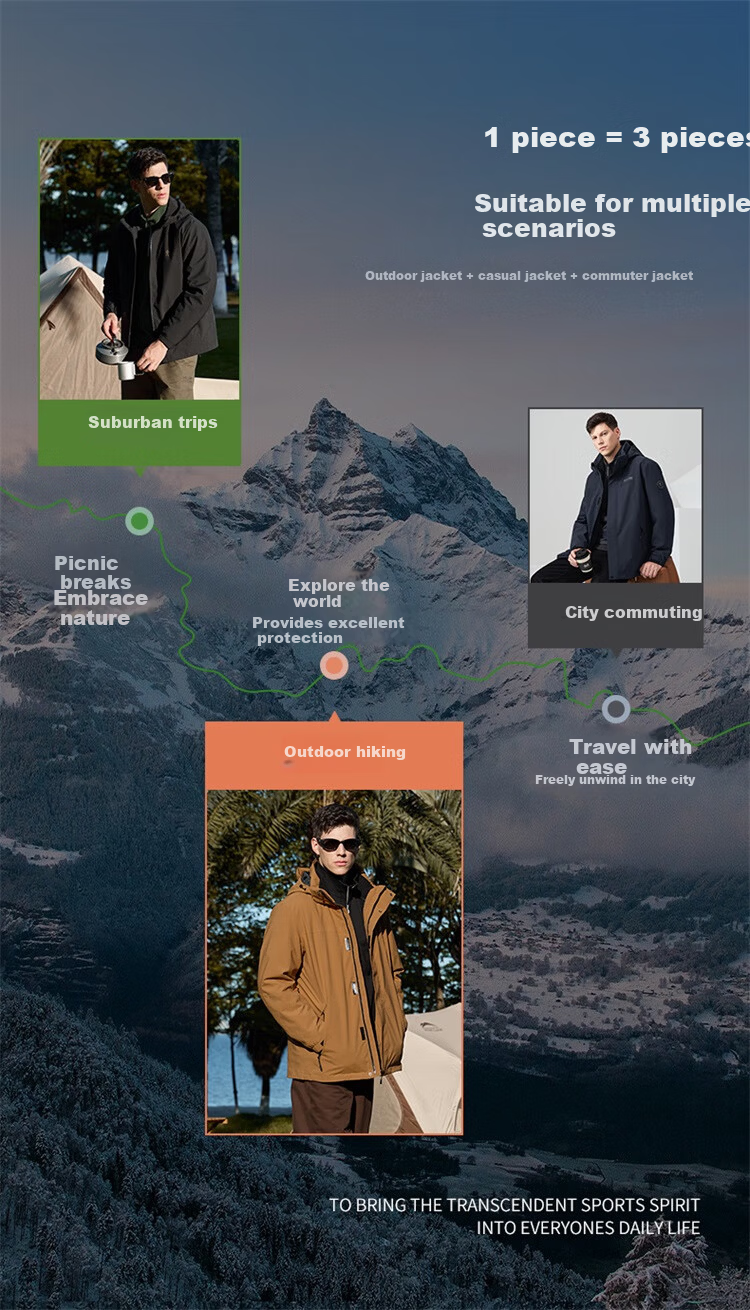 DANCING WOLVES [3-In] Detachable Inner Lining Outdoor Hiking Fleece Inner Lining Men's Windbreaker, 210 Olive Green, Size 170 5