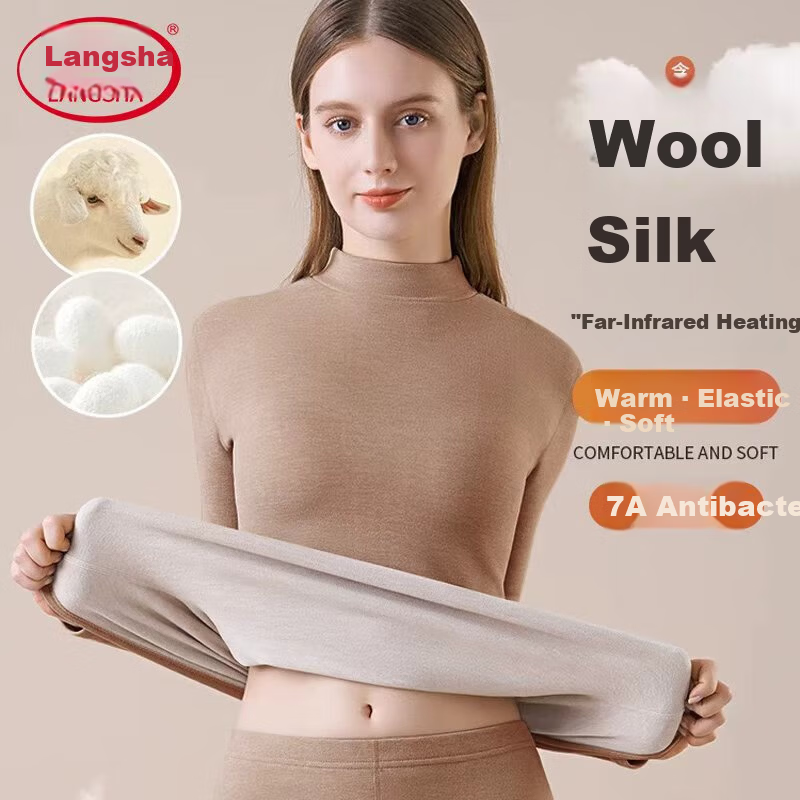 LangSha Mid-Neck Wool and Silk Thermal Underwear for Women 26 Autumn Winter New 7A Antibacterial Fleece-Lined Heating Top and Bottom Set