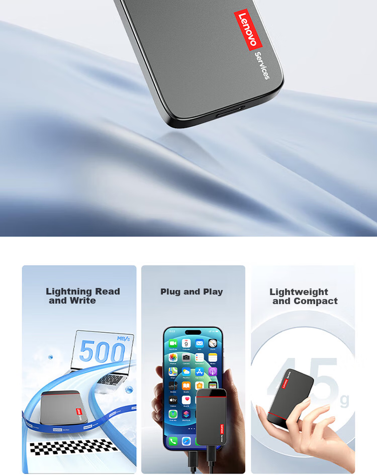 Lenovo 512GB Portable SSD USB 3.2 High-Speed 500MB/s T500 Series Compact External Hard Drive Nationwide Warranty 1