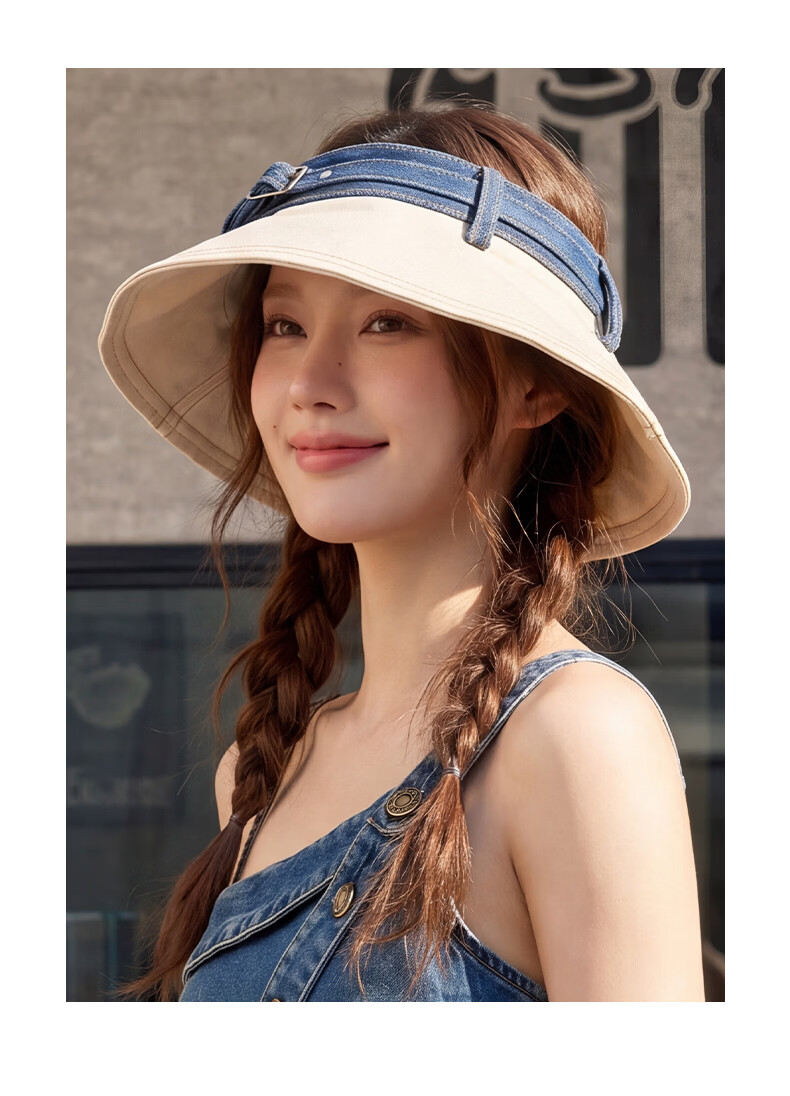 CACUSS Women's Denim Open-Top Cap Summer Sweet Cool Face-Slimming Sun Hat Outdoor Casual Foldable Sun Hat Apricot Beige 3