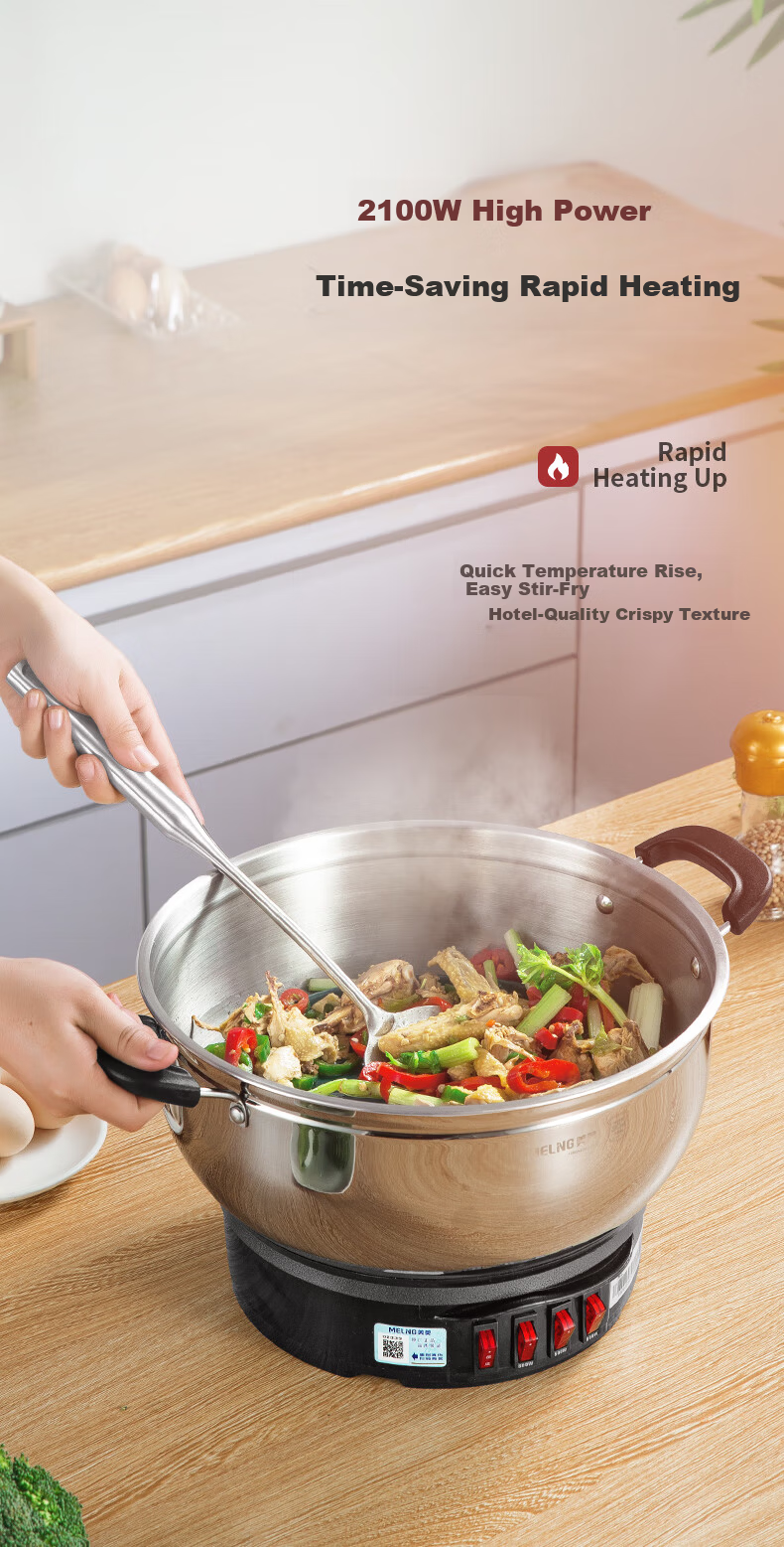MeiLing Electric Frying Pan New Generation 304 Stainless Steel Electric Steamer Electric Cooker Multi-Functional Non-Stick Electric Pot Steamer Basket Multi-Purpose Electric Hot Pot Stir-Fry Pan 4