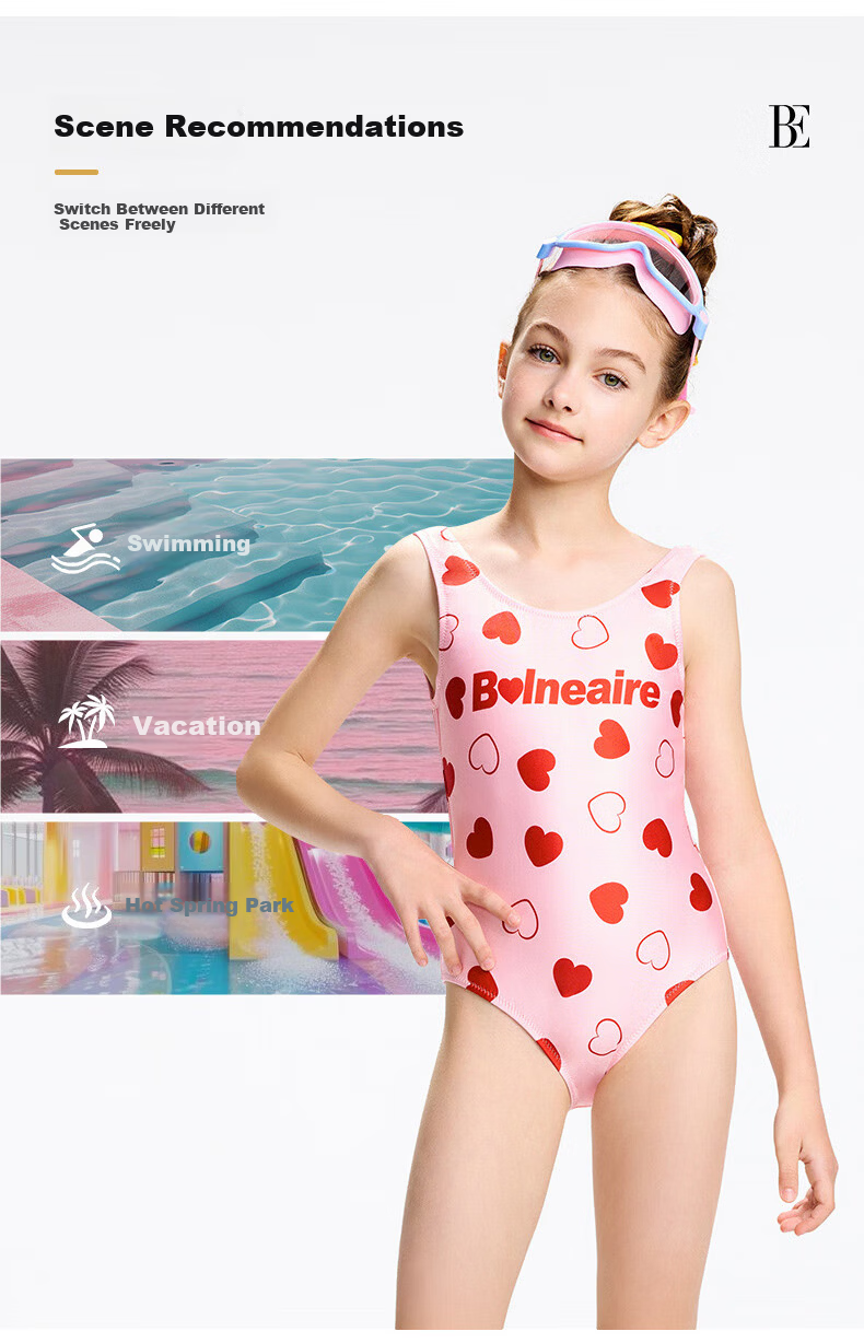 BALNEAIRE High-End Fashion Girls' One-Piece Triangle Sunscreen Vacation Beach Swimsuit Chlorine-Resistant Small Red Heart Pink Size 100 7