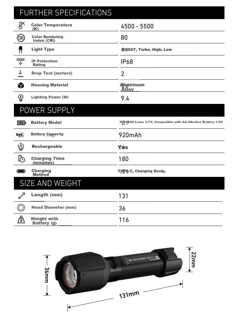 LED LENSER Germany High-Power Flashlight P5R PRO Professional Waterproof Zoom Warm White Light 14500 Lithium Battery Ultra-Long Endurance 11