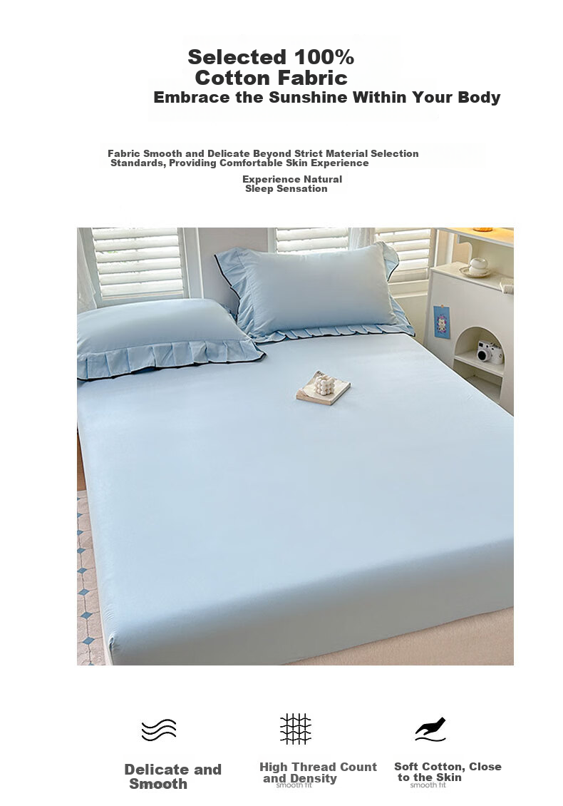 Grace A-Class 100% Cotton Washed Cotton 7A Antibacterial Breathable Fitted Sheet Mattress Cover 150*200cm Glacier Blue 7