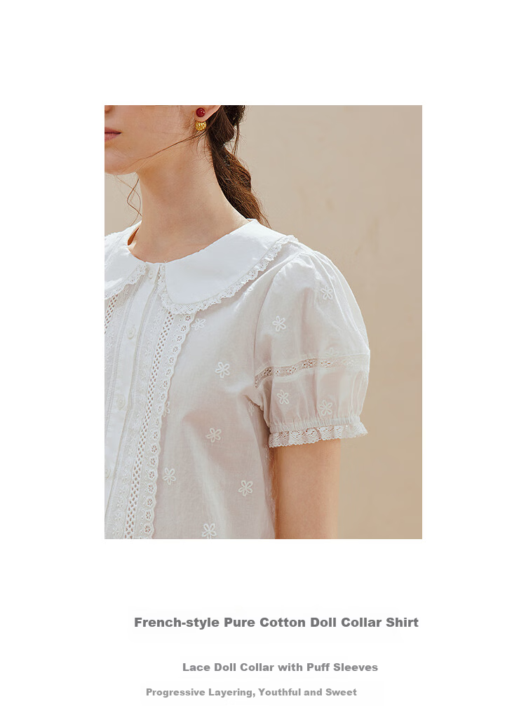 INMAN INMAN [Runway Style] Puff Sleeve Lace Peter Pan Collar Blouse, Summer 2026, Pure Cotton Short Sleeve, White, Size L 3