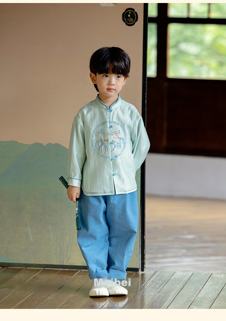 Menghu Qianshan Hanfu Boys Spring Autumn Long Sleeve Tang Suit Chinese Style Pants Set Traditional Red Top Size 90 19