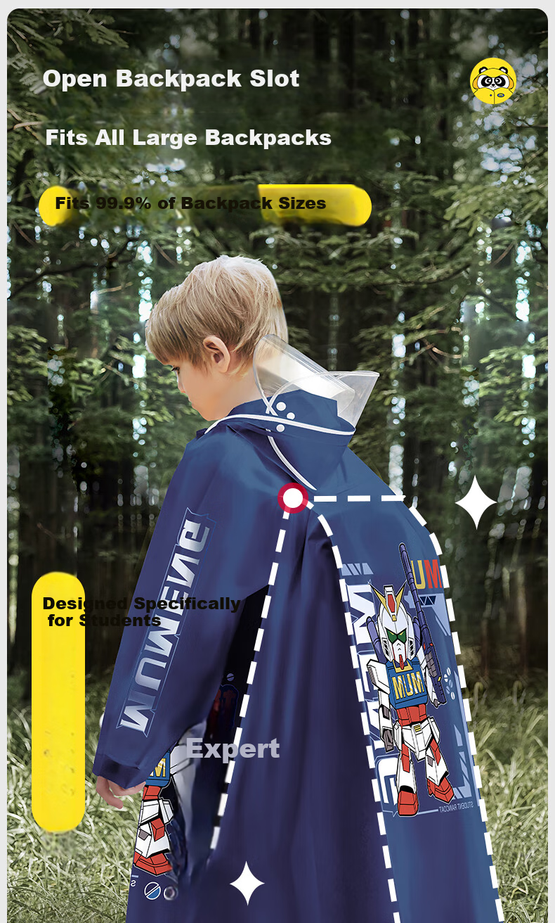 Moremerry Children's Raincoat for Boys And Girls, Full-Body Waterproof Poncho for Primary And Secondary School Students, Navy Blue Mecha Design, Size 4XL 12