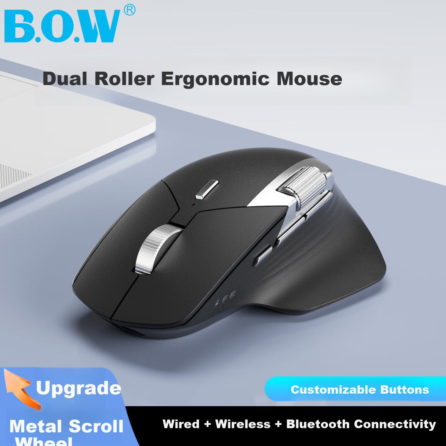 B.O.W Hangshi MD290L MAX Tri-Mode Wired Wireless Bluetooth Charging Mouse Laptop Office Ergonomic Silent Side Dual Scroll Wheel Mouse Silver Black
