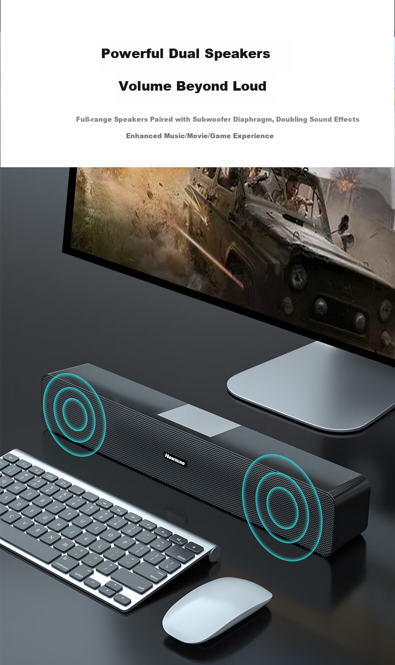 Newmine BT550 Wired Computer Speakers Desktop Home Gaming Laptop Desktop Long Bar High-Quality Wooden Sound System 5