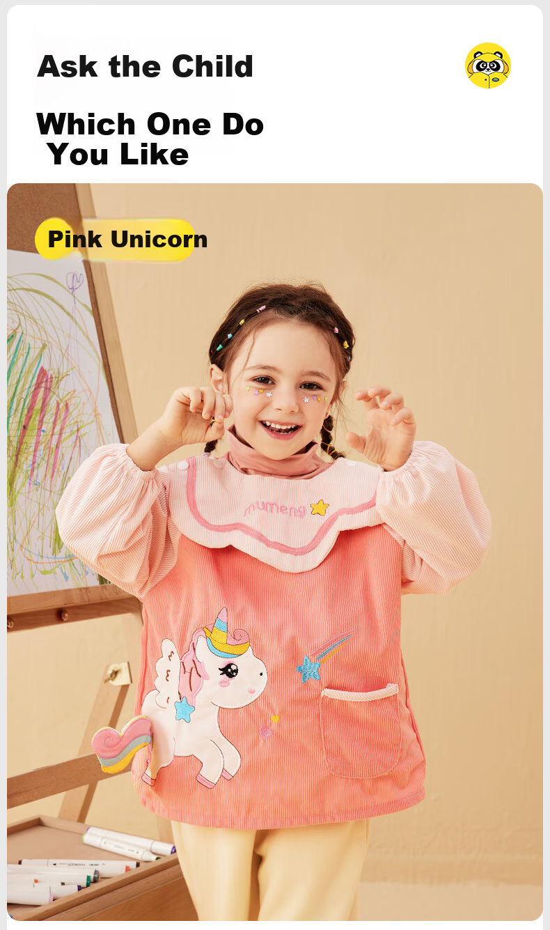 Mumeng Kids Apron Baby Feeding Bib Splash-proof Waterproof Anti-dirty Autumn Winter Reversible Unicorn Size M 14