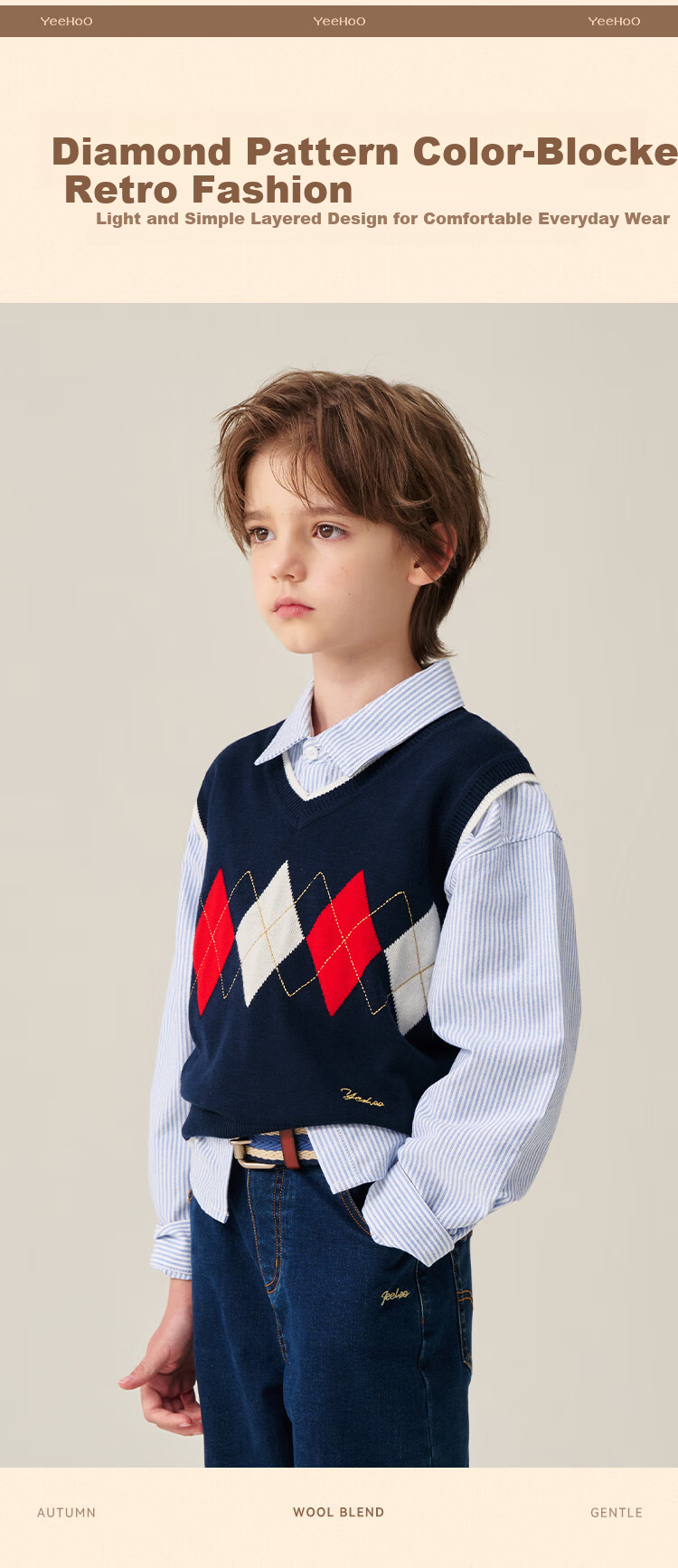 YEEHOO Boys' Vest Children's Knitted Wool Blend Pullover Sweater Spring Blue 130 3