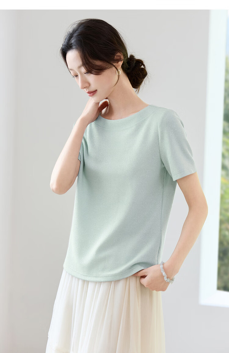 Shangdu Bila Off-Shoulder Boat Neck Double Needle Stitching T-Shirt for Women Summer Elegant Commuter Stretch Ribbed Knit Top 13