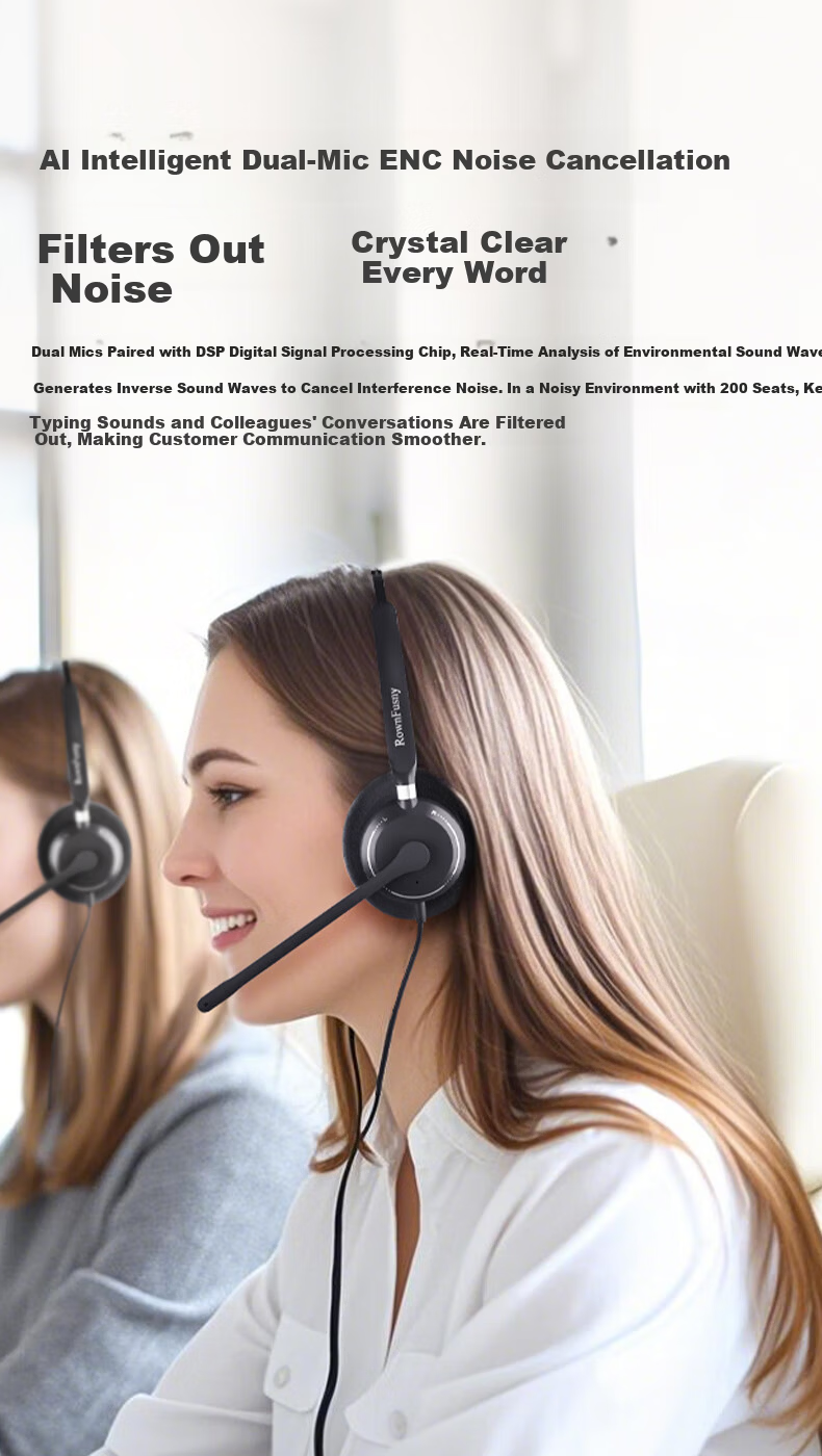 RownFusny EH15 USB Single-Ear Dual-Mic Noise-Cancelling Headset for Call Center Business Office 6