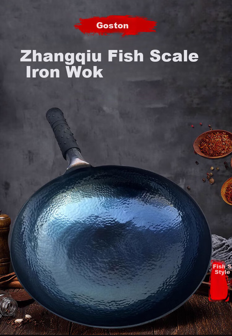 Goston Zhangqiu Cast Iron Stir-Fry Pan Authentic Uncoated Gas Stove Home Use Fish Scale Pattern 36cm [Kitchen Essential] 1