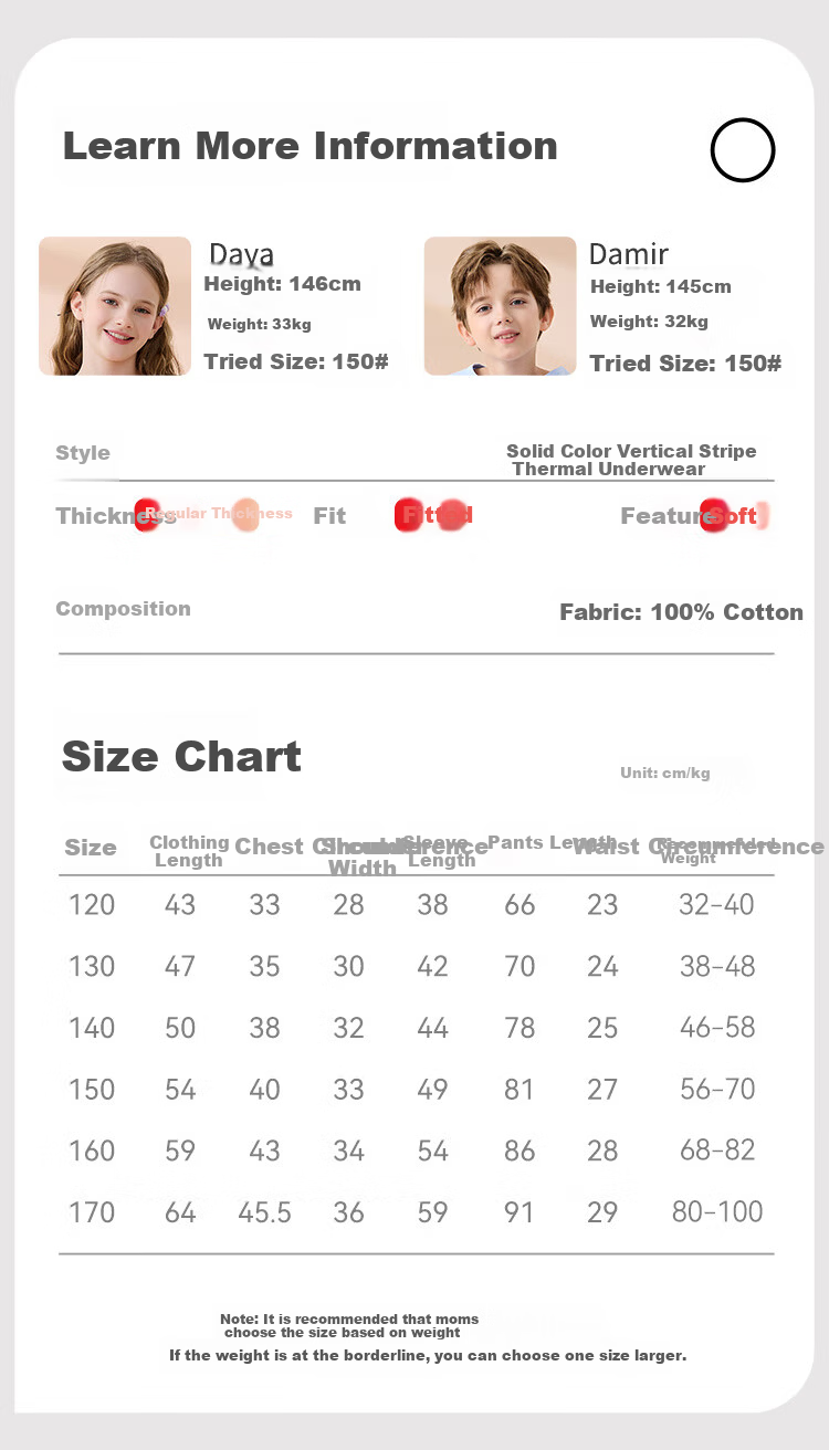 Dingguagua Children's Autumn Cotton Thermal Underwear Set Boys' Round Neck Warm Cotton Pajamas Girls' Autumn Winter Sleepwear Cotton Sweater 9