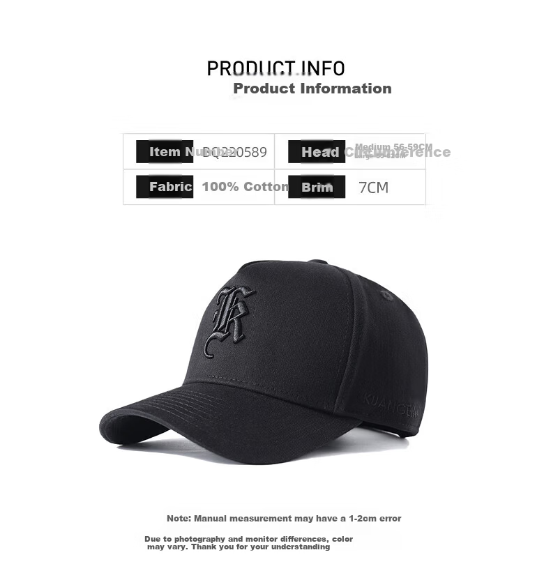 CACUSS Men's Four-Season Large Head Baseball Cap Outdoor Sunshade Fashion Duckbill Hat Black Silver Large Size 1