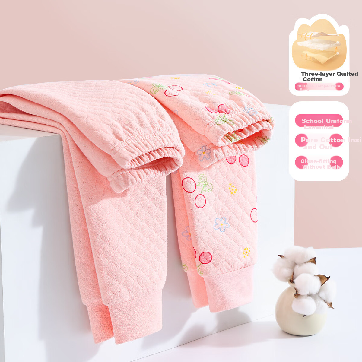 DEESHA Three-Layer Quilted School Uniform Essential 2-Pack Girls' Thermal Underwear Pants Thickened Autumn Trousers for Older Children