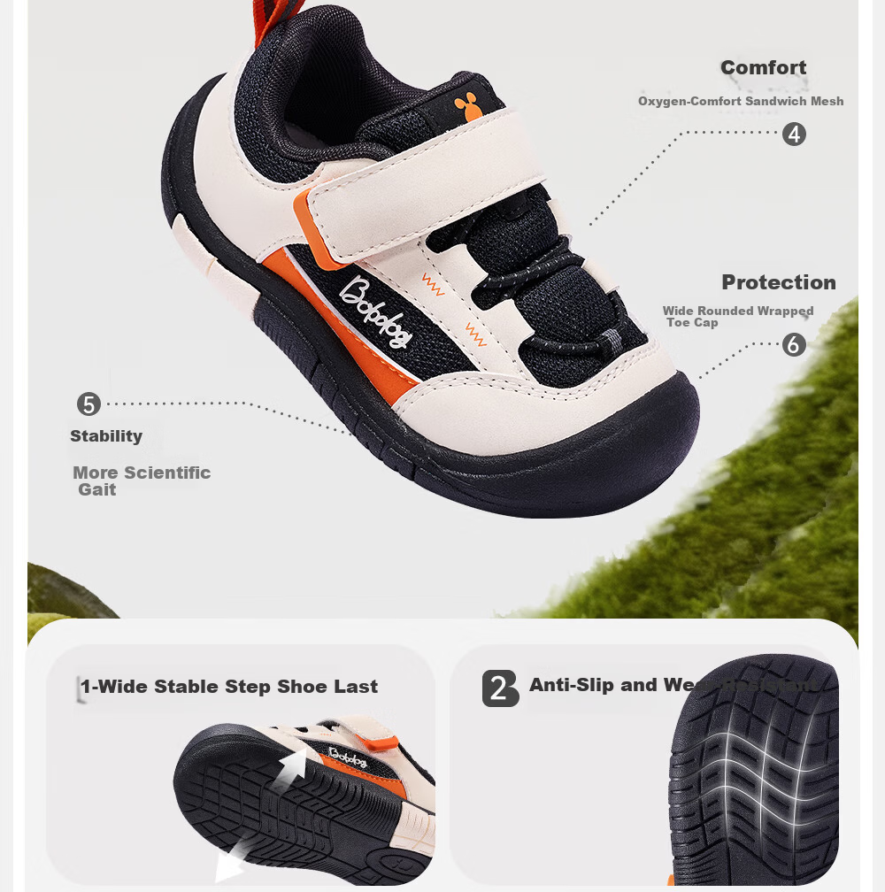 BOBDOG Toddler Baby First Walking Shoes 26 Spring New Boys Girls Soft Sole Non-Slip Functional Shoes Milk White/Black/Orange Size 24 5