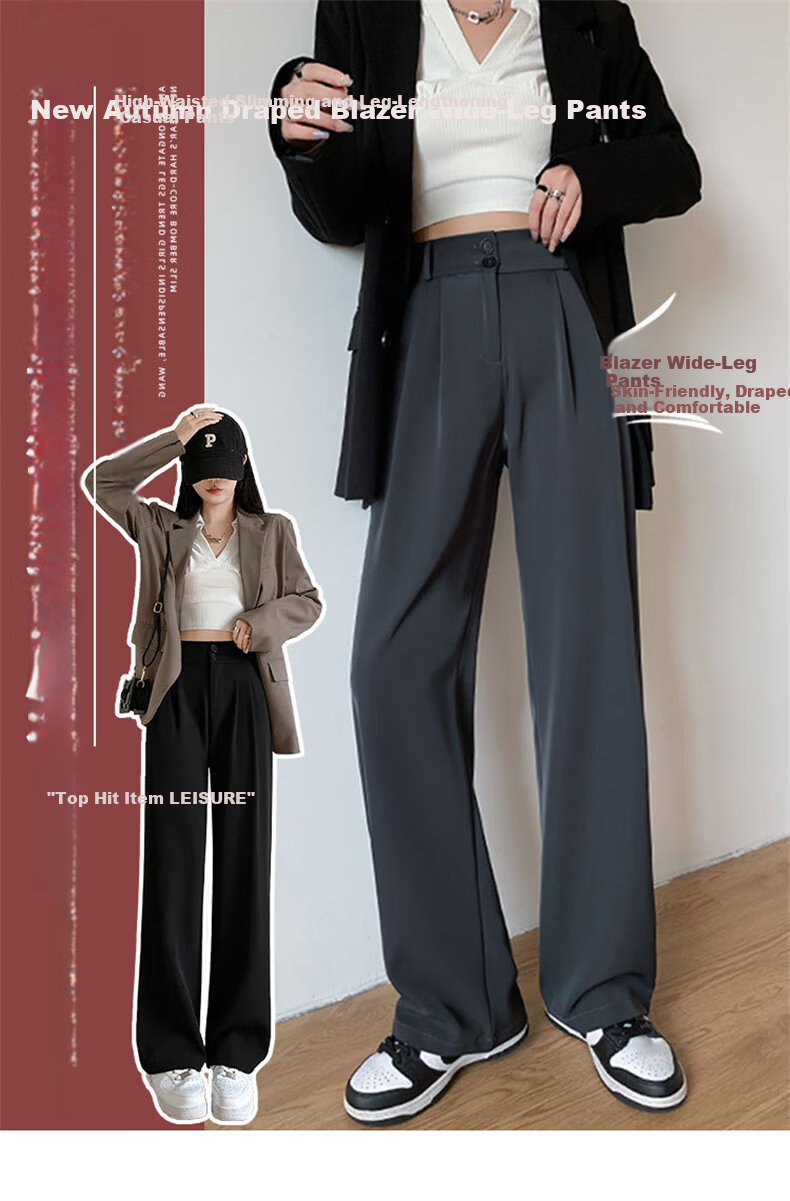 LangSha Women's Autumn New Double Button High Waist Draped Office Elegant Dress Pants Casual Wide Leg Trousers 1