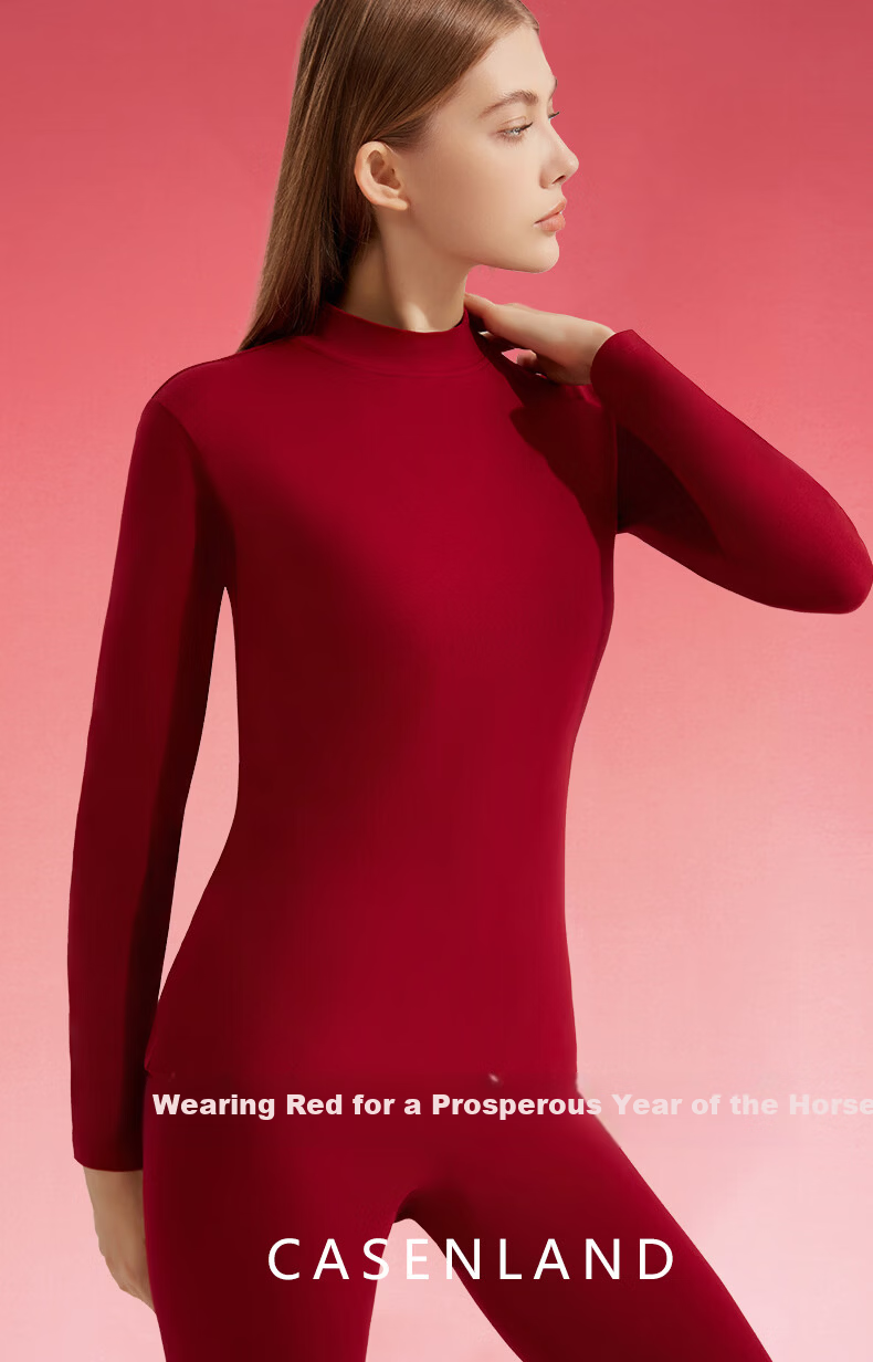 CASENLAND Women's Thermal Underwear Pure Cotton Red Base Layer Plus Size Autumn Top and Bottom Set 3