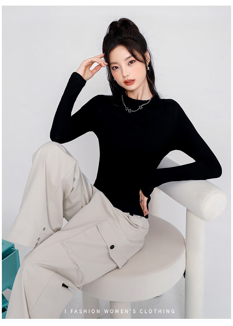TUCANO Women's Base Layer, Spring And Autumn Inner Wear, Slim-Fit Ribbed Regular Shoulder Long-Sleeve T-Shirt, Solid Color Basic Undershirt Top, Black, M 9