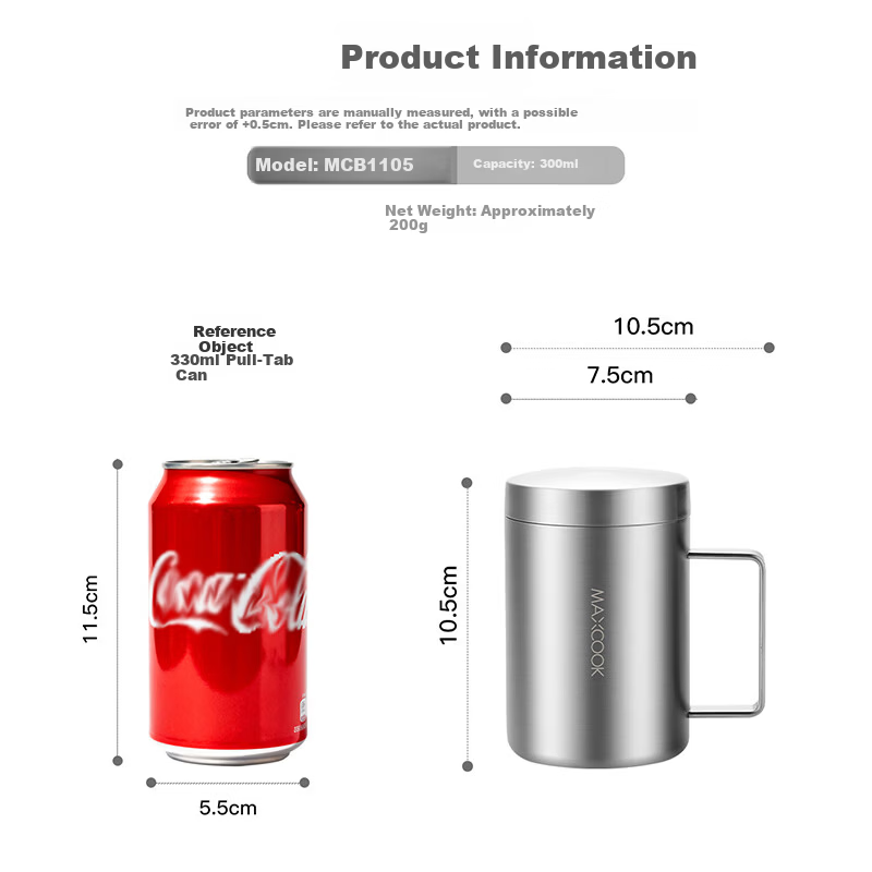MAXCOOK 316 Stainless Steel Water Bottle for Kids and Students Double-Layer Cup with Lid and Handle 300ml MCB1105