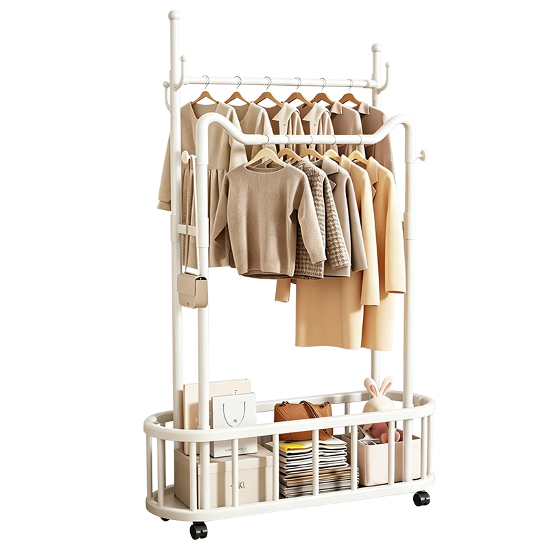 Yaoying Mobile Floor Clothes Rack Bedroom Clothing Storage Rack Drying Rack YJ35 White Double Bar 100cm