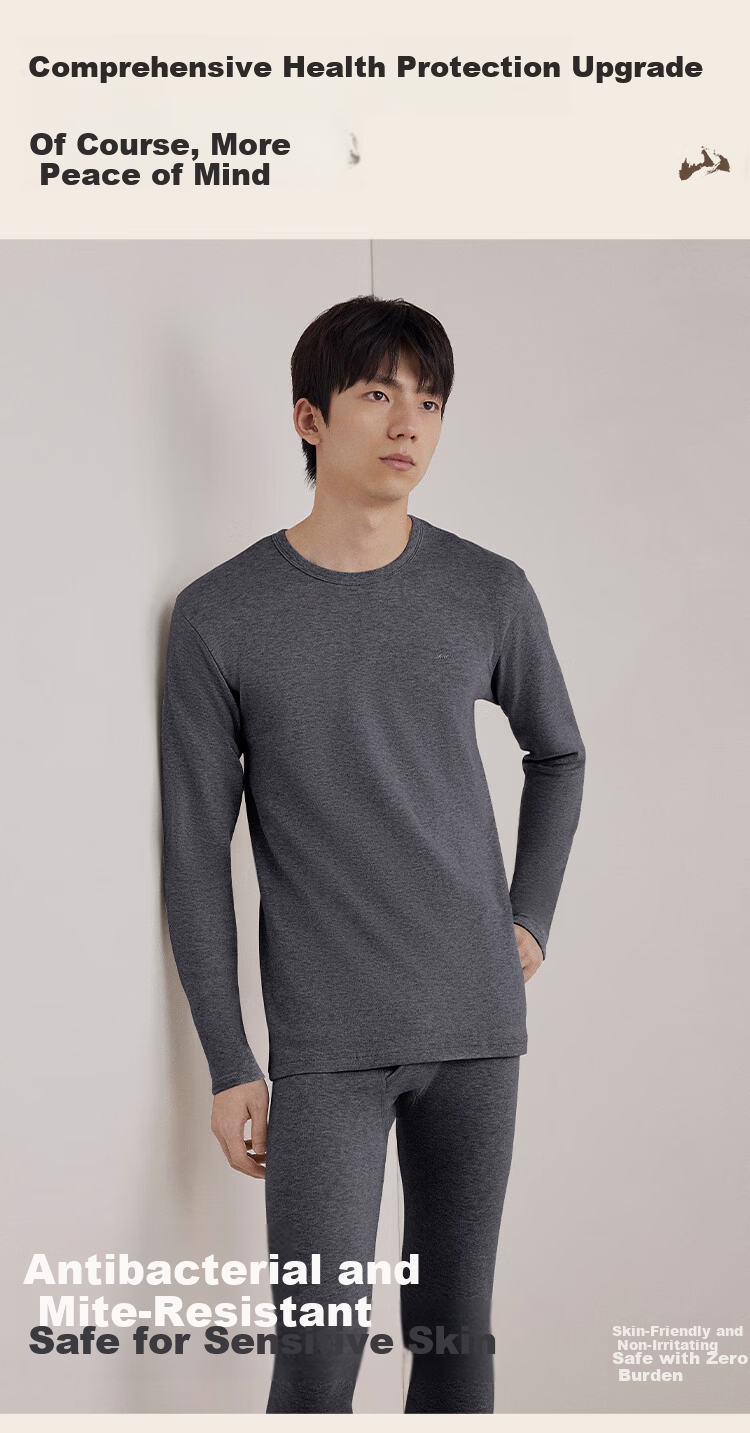 HLA【Mountain Not High】Men's Autumn Thermal Underwear Set Round Neck Class A 210g Pure Cotton Antibacterial Mite-Resistant Thin Warm Innerwear 7