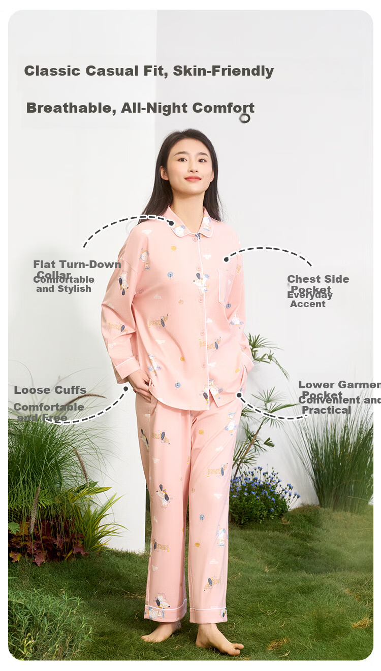 Hodohome Couples 50S Combed Elastic Cotton Printed Long Sleeve Pajamas Pink S 5