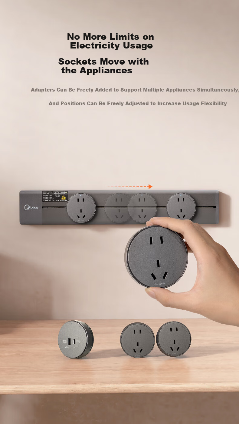 Midea Ultra-thin Upgraded Wall-mounted Track Power Strip with Switch, Surface-mounted Movable Rail Socket for Dining Cabinet, 40cm Track with 2 Five-hole Outlets, Black 9