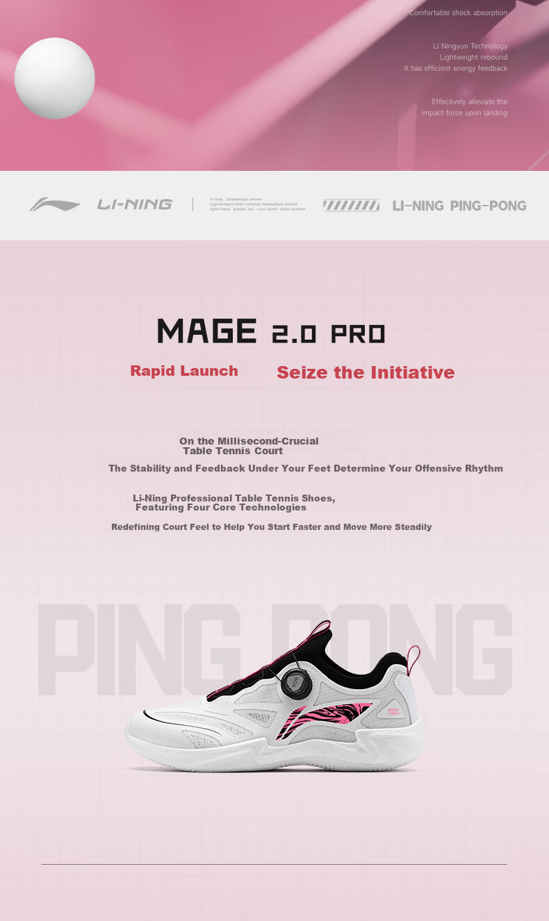 LI-NING Professional Table Tennis Shoes MAGE 2.0 PRO Full Sole BOA Dial Wide Fit Carbon Plate Fluorescent Pink 40 2
