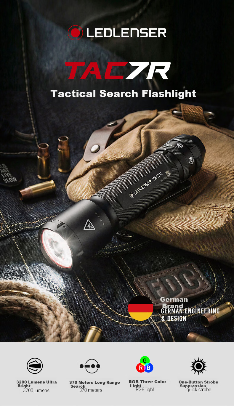 LED LENSER German High-Power Tactical Flashlight TAC7R Outdoor Lighting High Brightness Long Range Long Battery Life Patrol Duty 1