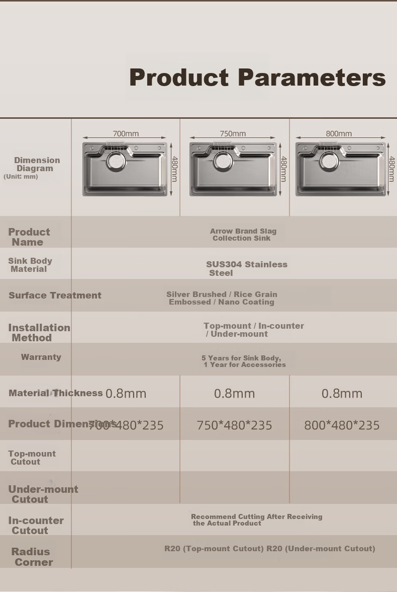 ARROW Kitchen Sink Large Single Bowl Treasure Basin Nano 304 Stainless Steel Japanese Style Undermount Dishwashing and Vegetable Washing Integrated Sink 16