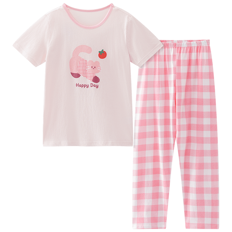 Hodo Kids Cotton Short Sleeve Pajama Set Summer Thin Air Conditioning Homewear 7A Antibacterial J3362 Pink 120