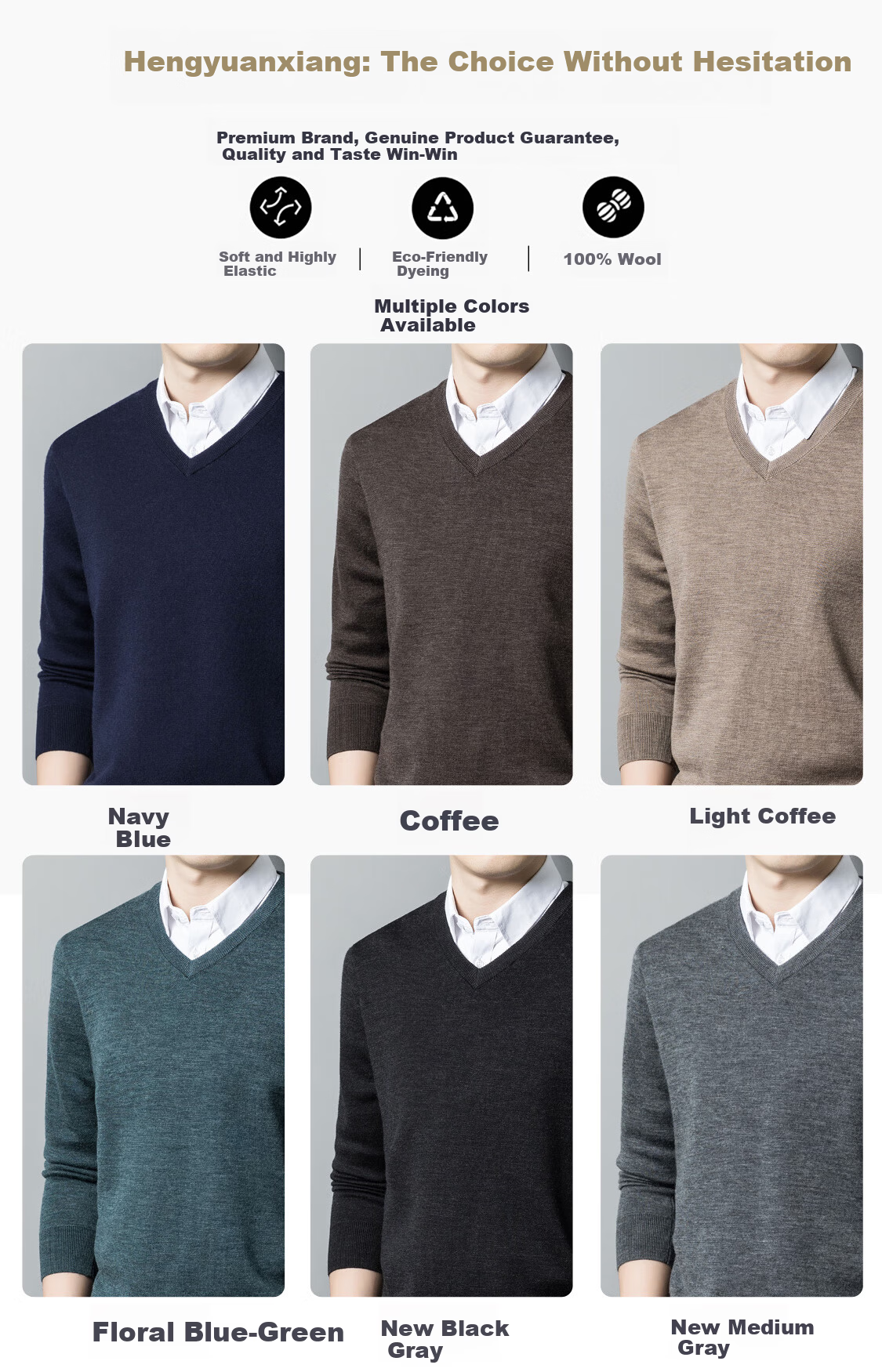 Hengyuanxiang Men's Wool Sweater Autumn Winter Thickened V-Neck Machine Washable Fine Spun Knitwear Medium Gray 175 4