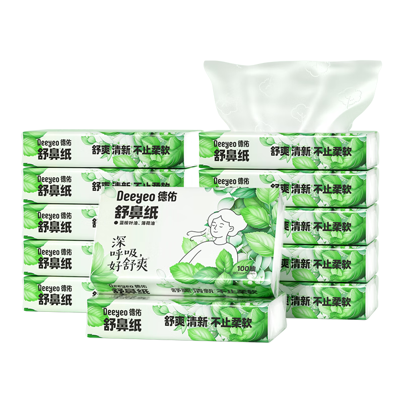 Deyou [Dilraba Same Style Comfortable Nose Tissue] Cooling Cream Tissue for Nose Protection with Mint Oil, Refreshing and Invigorating, 100 Sheets * 12 Packs